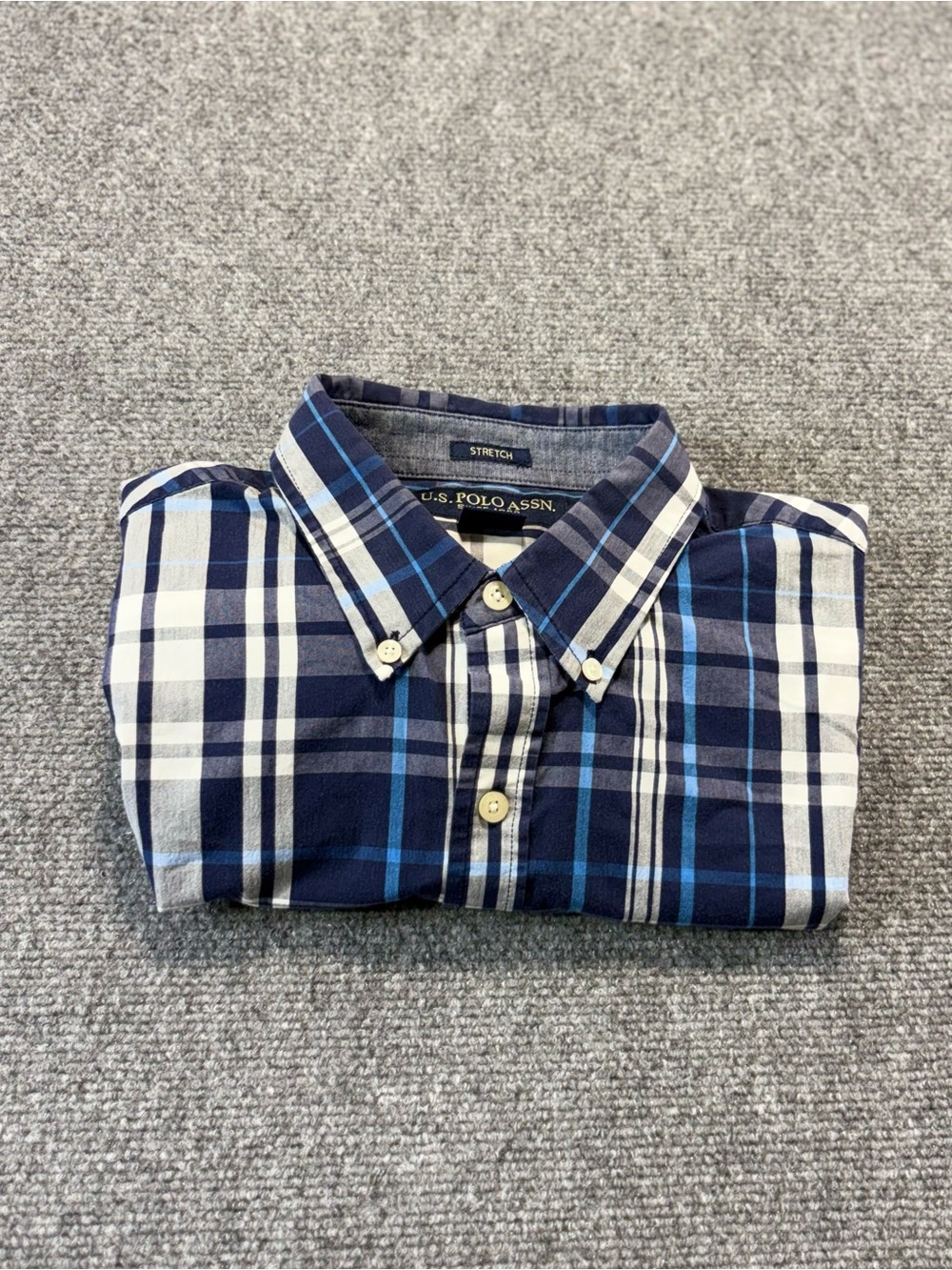 U.S. Polo Assn Stretch Shirt Mens Sz M Blue White Plaid Long Sleeve Button Front
